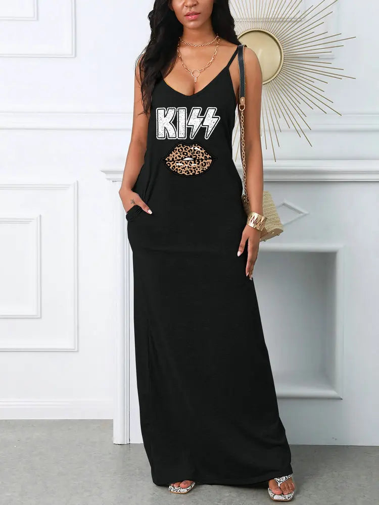 Women's Suspender Printed Dress Pocket T-shirt Style Mini Dresses