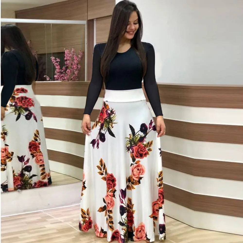 European and American style flower print color matching short sleeved dress