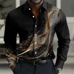 Men's long-sleeved shirt, stylish geometric print shirt, business casual slim-fit long-sleeved collared shirt for men.