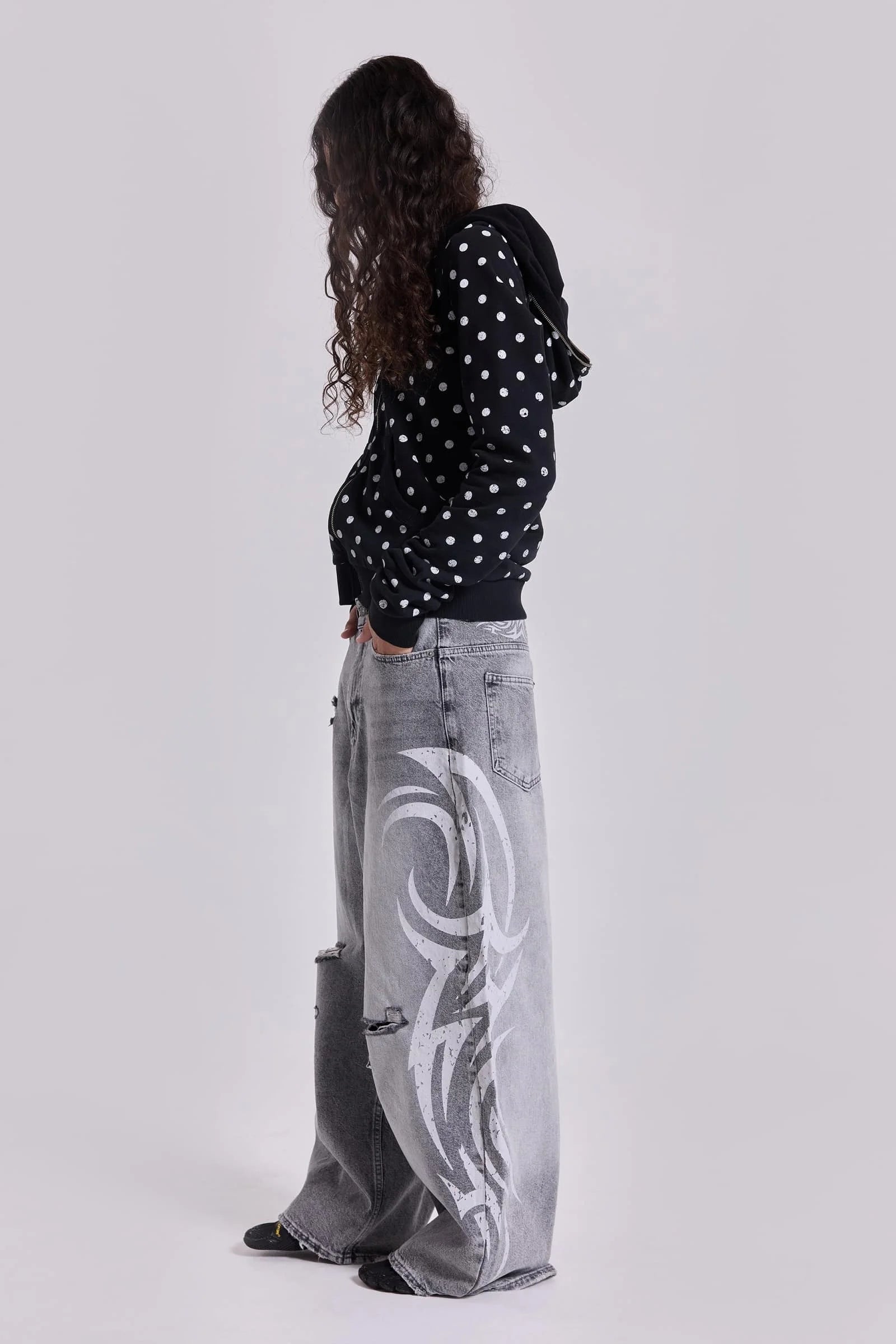 Loose Jeans Women Graffiti Print Baggy Wide Leg Straight Leg Ripped Floor Pants Harajuku Y2k Gothic Unisex Work Denim Pants
