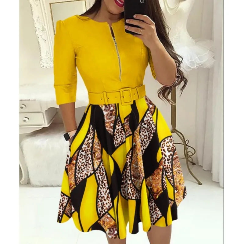 Autumn Elegant Print Slim Belt Party Dress For Women 2023 Sexy V Neck Zipper Long Sleeve A Line Dress Office Lady Dresses Femme