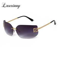 Trend Curved Rimless Film Lens Sunglasses Women Men Brand Design Metal Rivets Gradient Frameless Rectangle Shades Sun Glasses UV