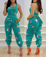 Elegant Women's jumpsuit Fashion Strap Hollow Sexy Off waist Printed