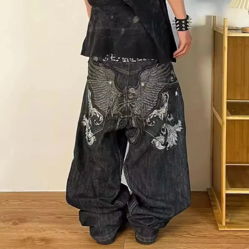 Letters Embroidered Big Pockets Washed Baggy Jeans Women High Street Vintage