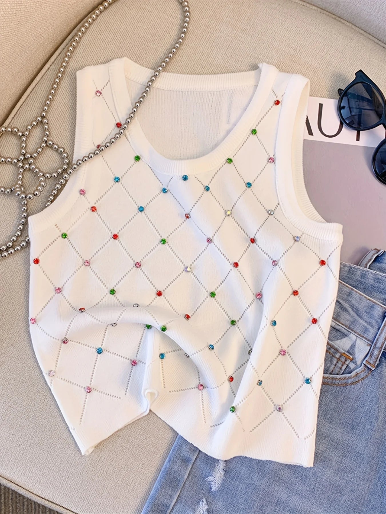 Colorful Rhinestone Knitted Tank Top Casual Crew Neck Sleeveless
