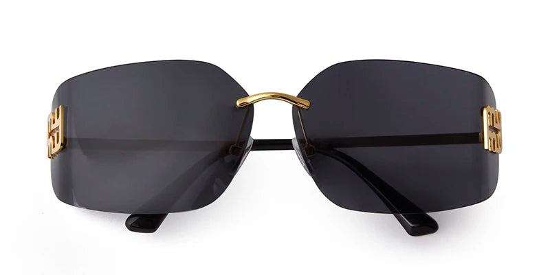 Trend Curved Rimless Film Lens Sunglasses Women Men Brand Design Metal Rivets Gradient Frameless Rectangle Shades Sun Glasses UV