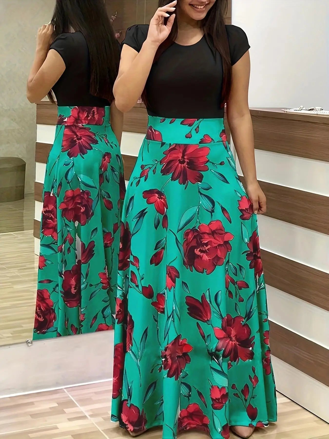 European and American style flower print color matching short sleeved dress