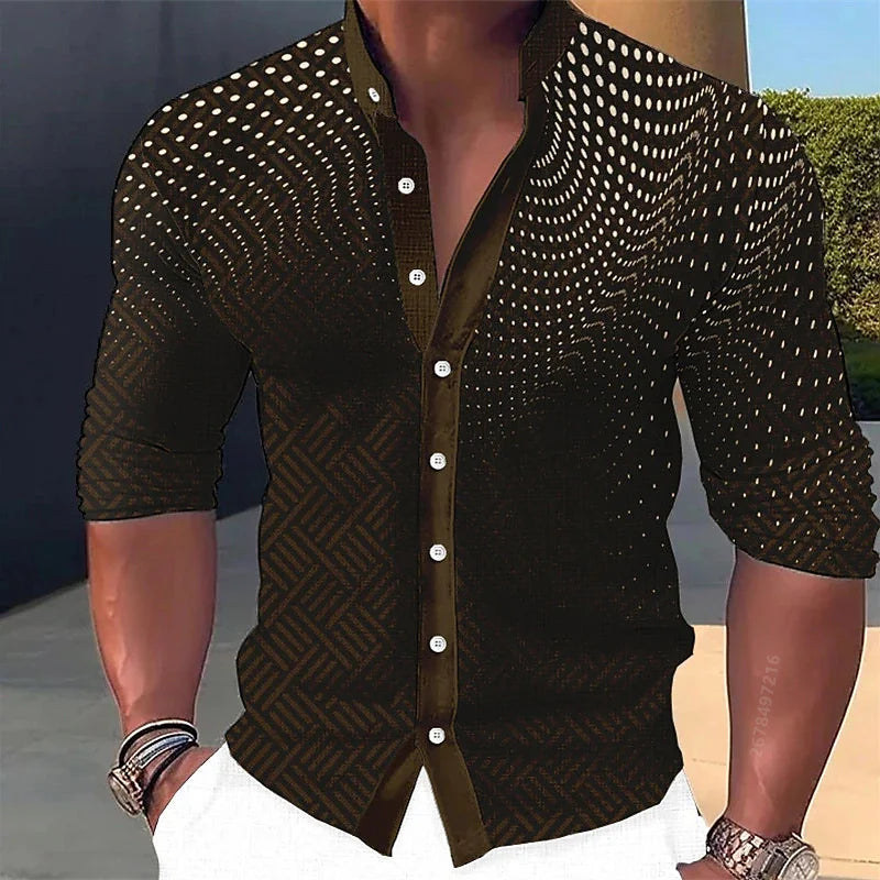 Men's long-sleeved shirt, stylish geometric print shirt, business casual slim-fit long-sleeved collared shirt for men.