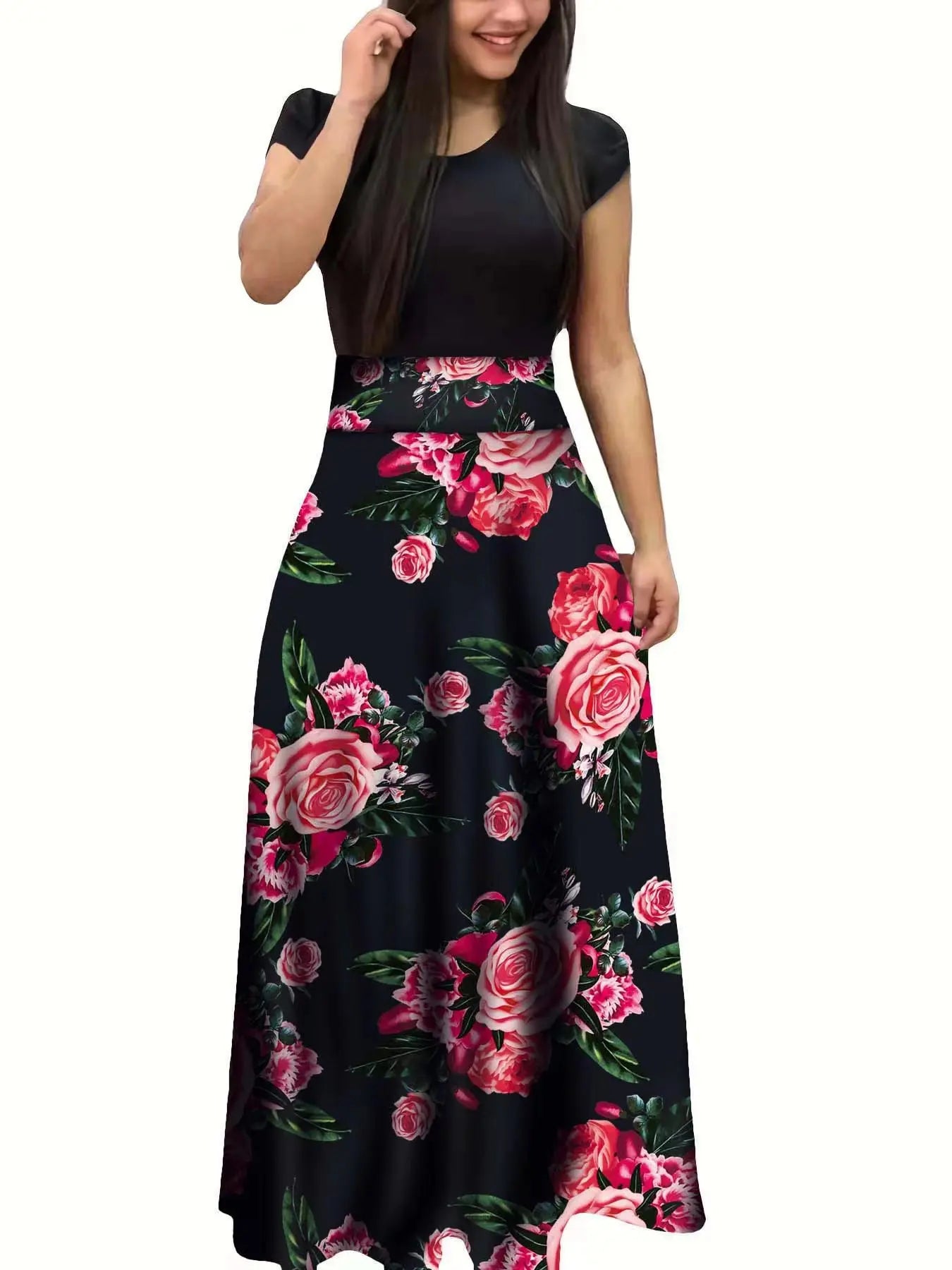 European and American style flower print color matching short sleeved dress