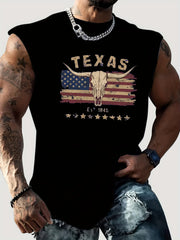 100% cotton men's summer wild west bull head print casual sports loose and comfortable breathable round neck sleeveless vest