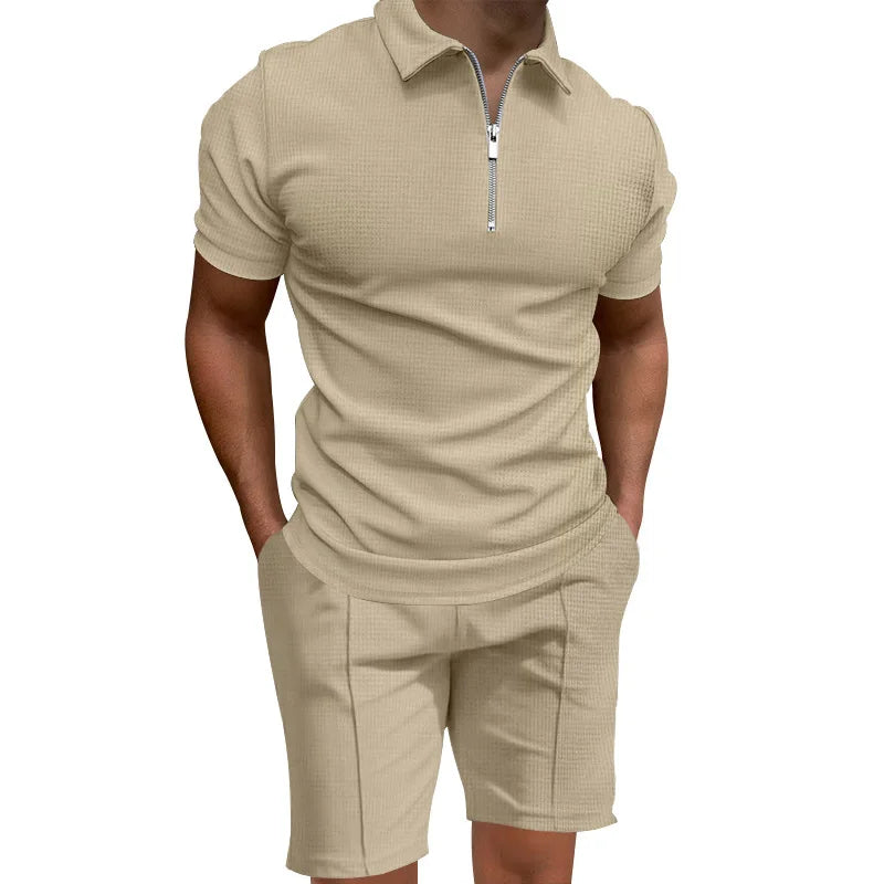 Men's summer suits solid color waffle lapel slim-fit short sleeve t-shirt