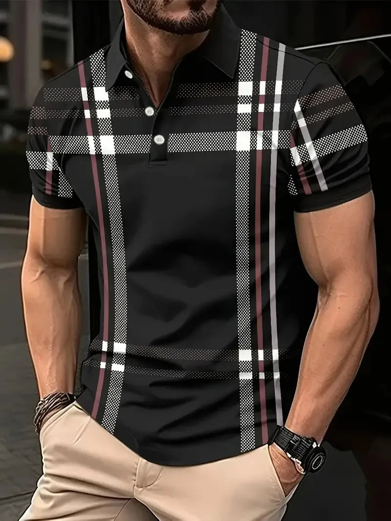 POLO shirt features a casual fashionable comfortable soft and breathable 3D striped pattern print