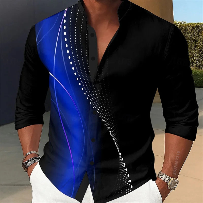 Men's long-sleeved shirt, stylish geometric print shirt, business casual slim-fit long-sleeved collared shirt for men.