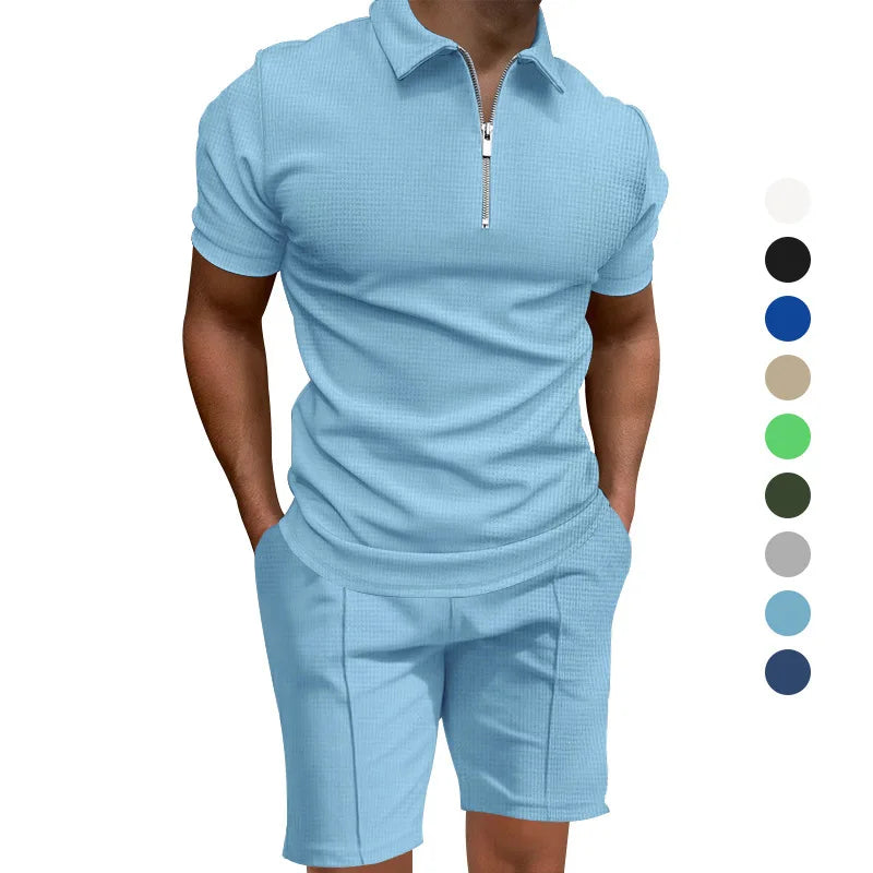 Men's summer suits solid color waffle lapel slim-fit short sleeve t-shirt