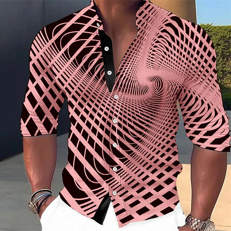 Men's long-sleeved shirt, stylish geometric print shirt, business casual slim-fit long-sleeved collared shirt for men.