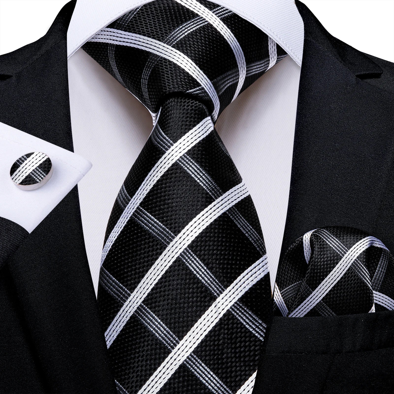 Luxury Blue Plaid Dot Ties For Men Solid Wedding Accessories Neck Tie Handkerchief Cufflinks Set Gravatas Mens Gift DiBanGu