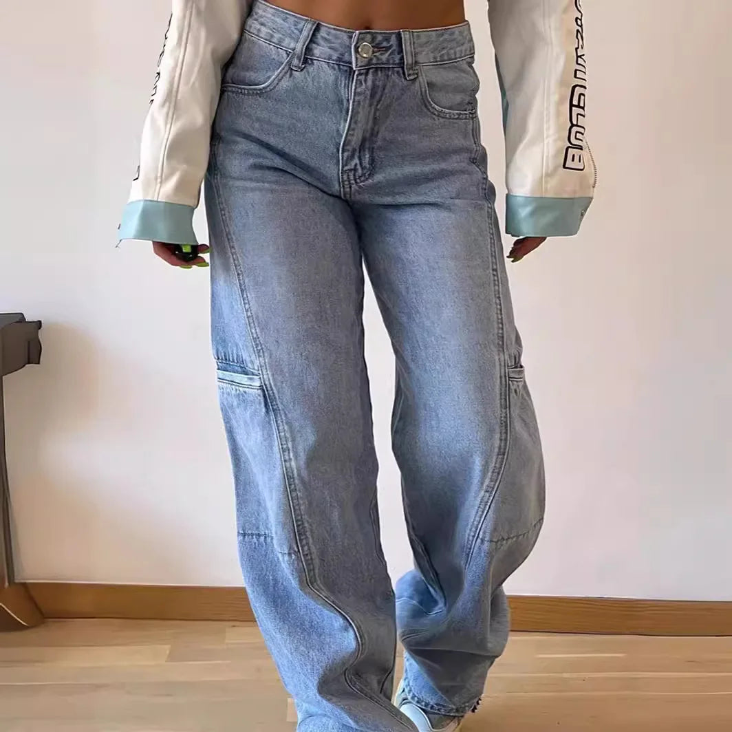 Spliced Wide Leg Denim Pants High Waist Jeans Women Ankle Length Jean Washed Loose Fit Pockets Zipper Fly Basics Solid 2024