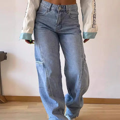 Spliced Wide Leg Denim Pants High Waist Jeans Women Ankle Length Jean Washed Loose Fit Pockets Zipper Fly Basics Solid 2024