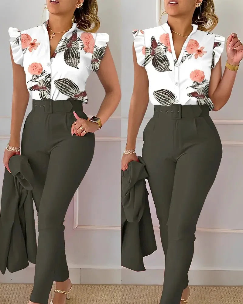 Summer Women's Flower Print Lotus Leaf Sleeve High Waist Pants Set Waist Belt Women's V-Neck Two Piece Set Work Suit Set