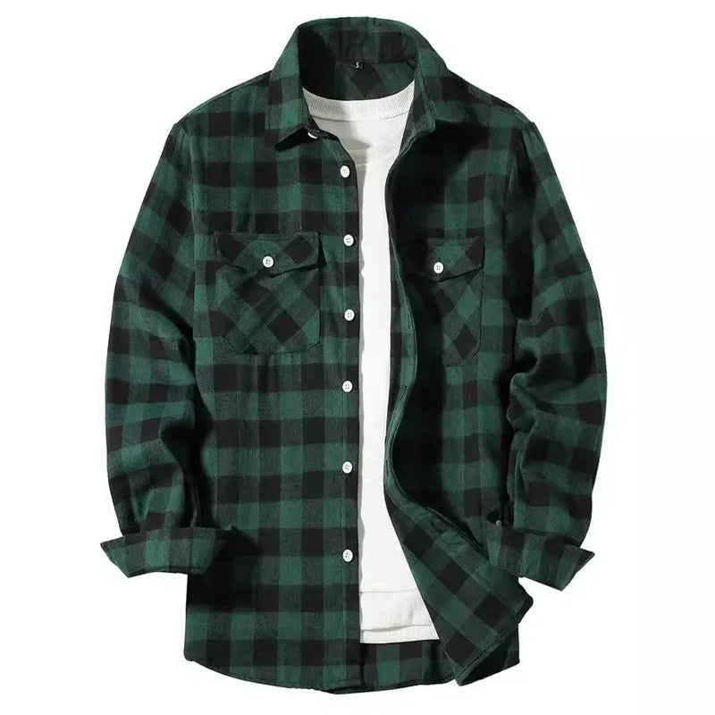 Mens Shirts fashion Classic Plaid cardigan Casual Shirt Long Sleeve Chest Two Pockets