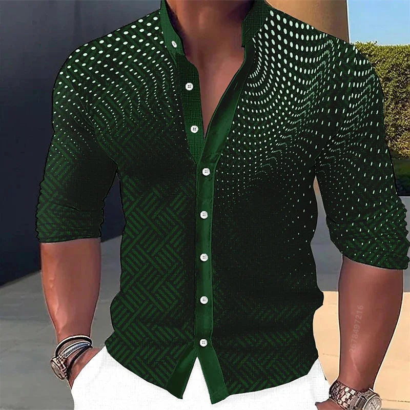Men's long-sleeved shirt, stylish geometric print shirt, business casual slim-fit long-sleeved collared shirt for men.