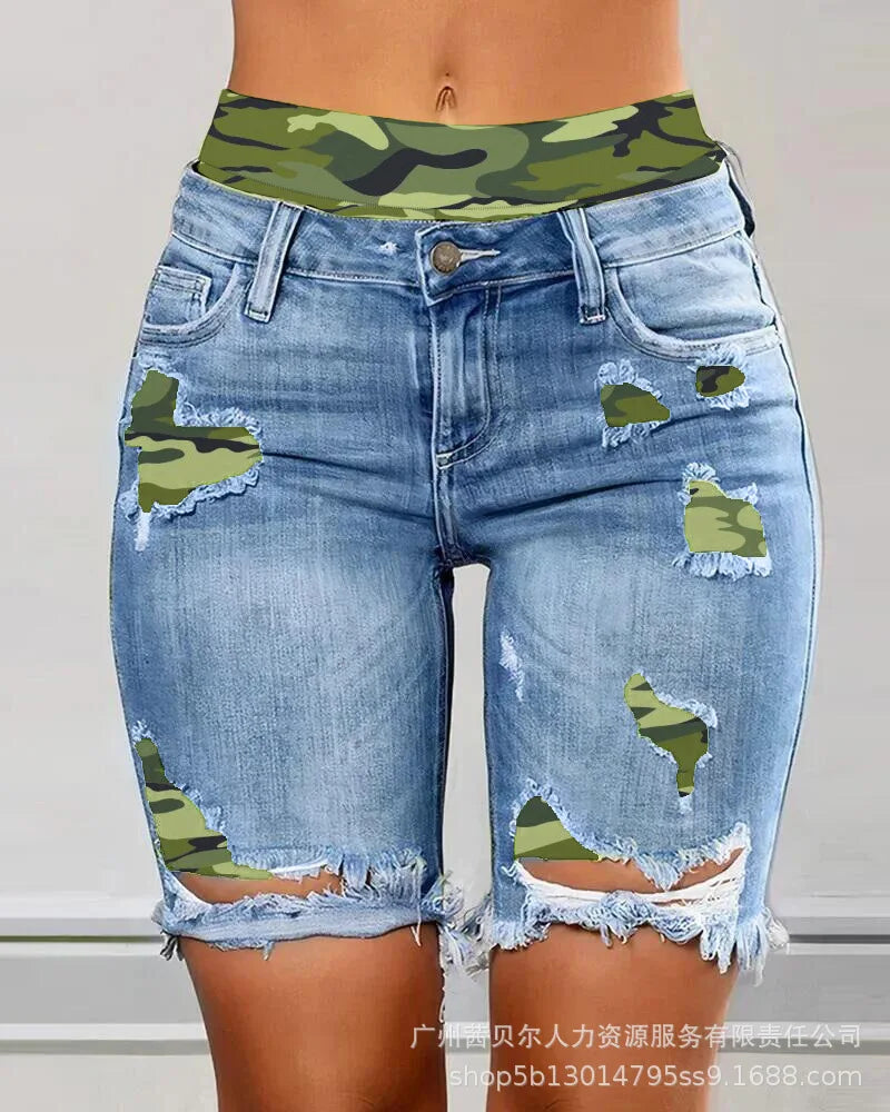 Fake Two-Piece Patchwork Cutout Ripped Jeans Women Ankle Length Fashion Casual High Waist Pencil Pants Denim