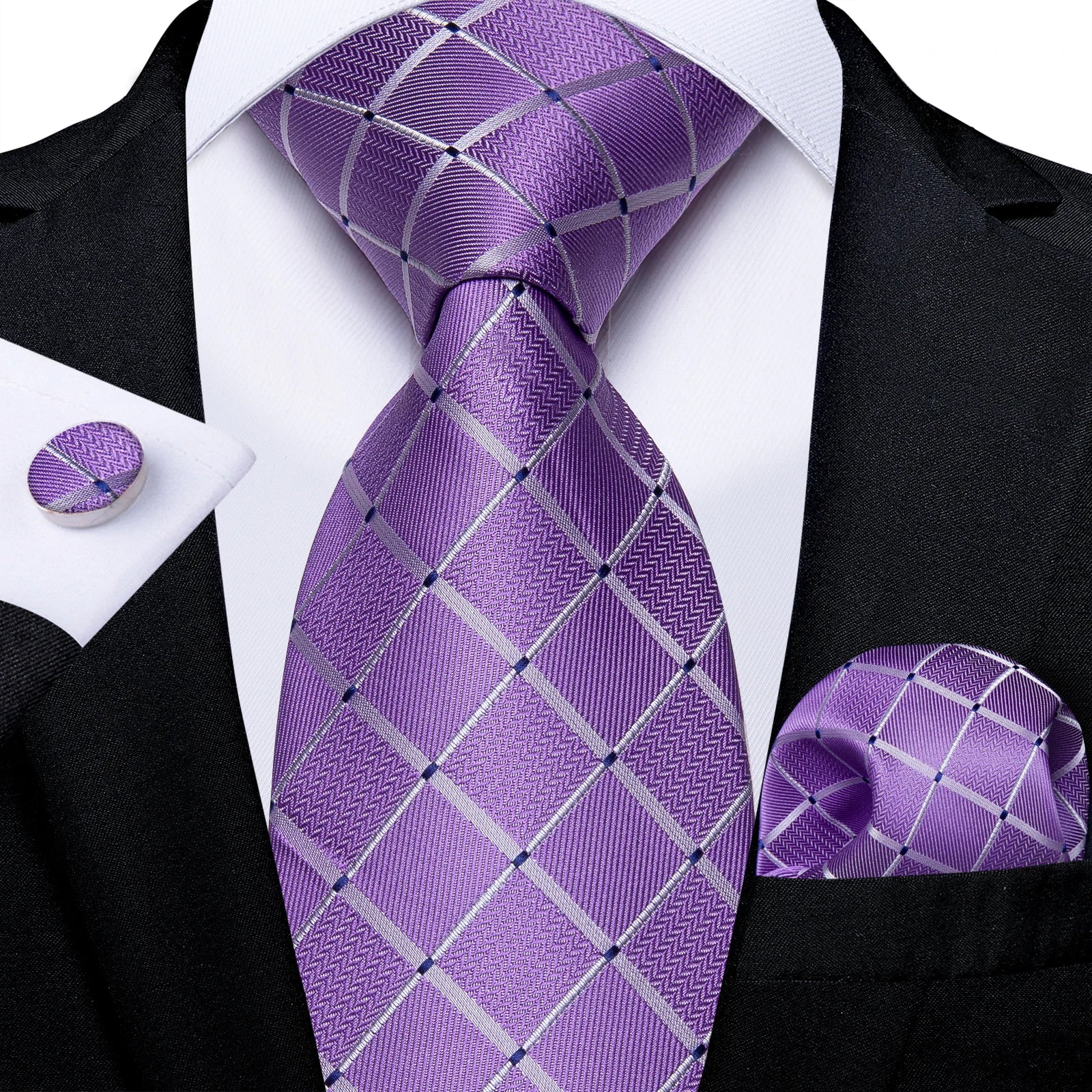Luxury Blue Plaid Dot Ties For Men Solid Wedding Accessories Neck Tie Handkerchief Cufflinks Set Gravatas Mens Gift DiBanGu