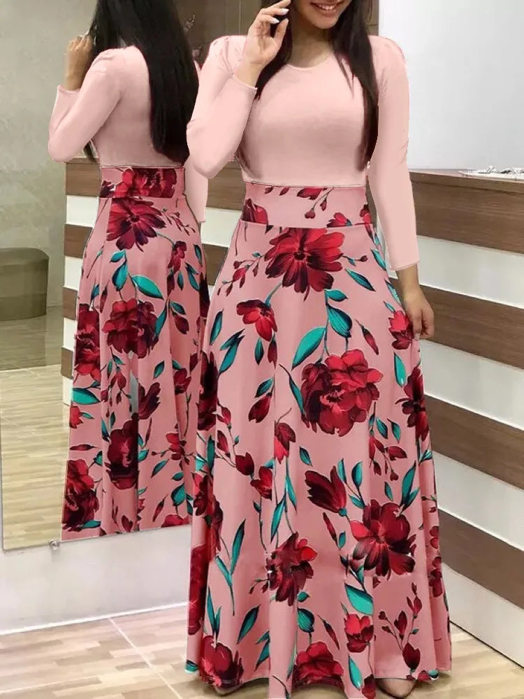 European and American style flower print color matching short sleeved dress