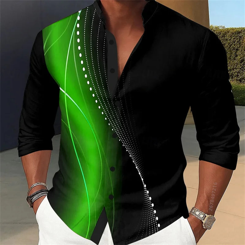 Men's long-sleeved shirt, stylish geometric print shirt, business casual slim-fit long-sleeved collared shirt for men.