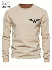 Men's loose casual sports letter A pattern printed round neck long sleeved T-shirt