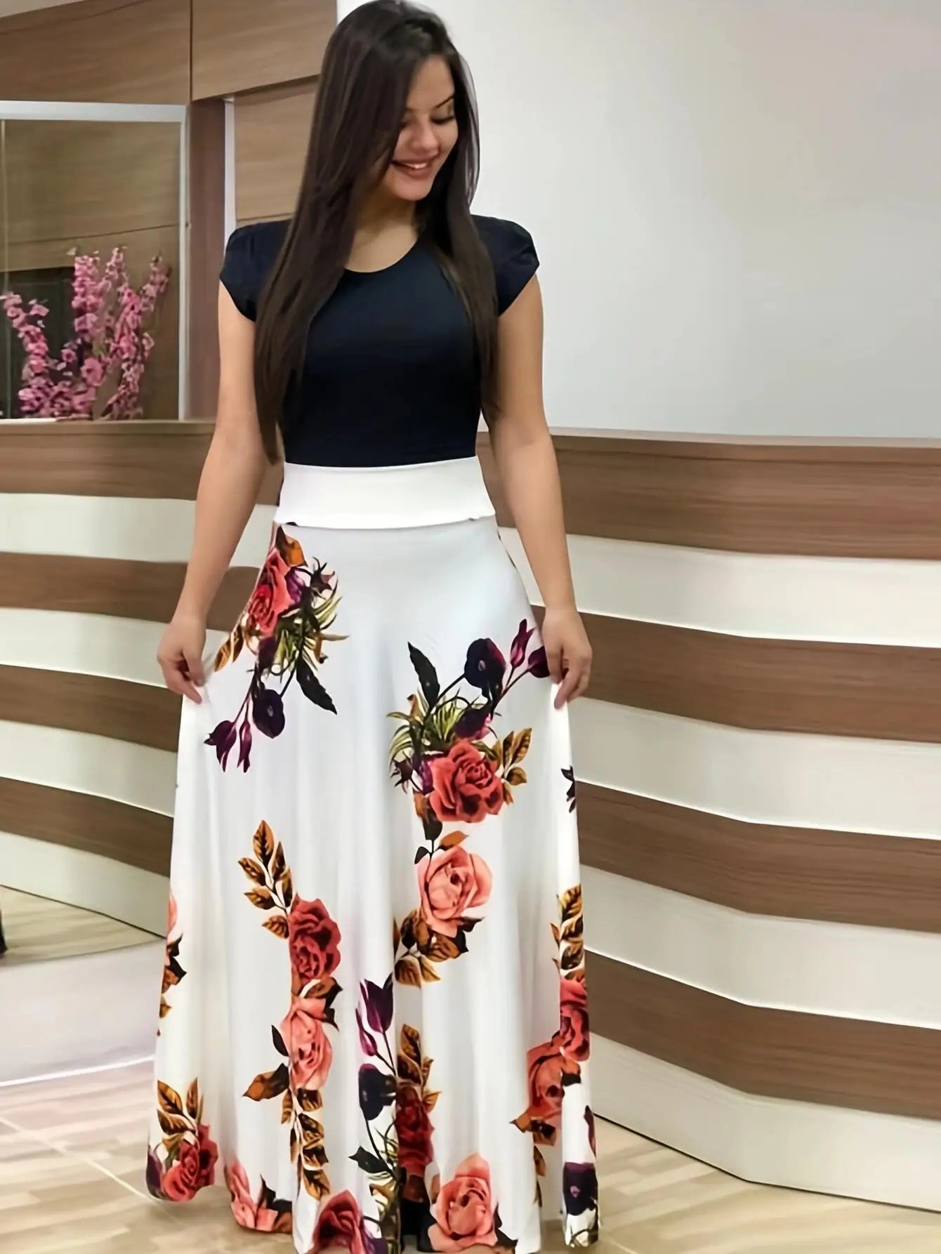 European and American style flower print color matching short sleeved dress