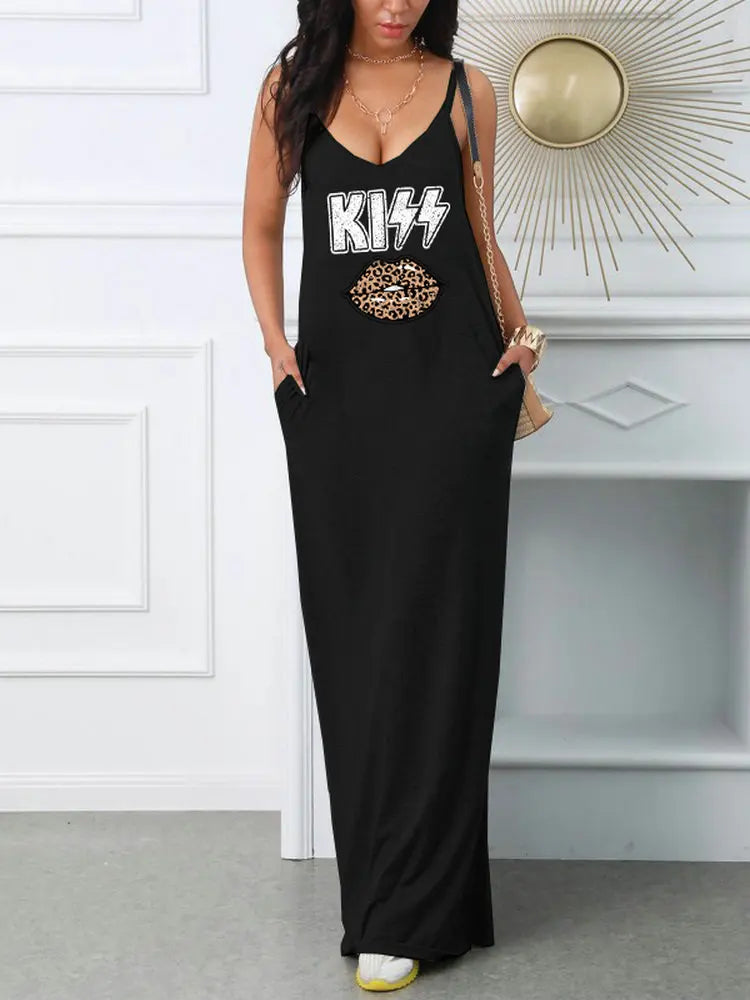 Women's Suspender Printed Dress Pocket T-shirt Style Mini Dresses