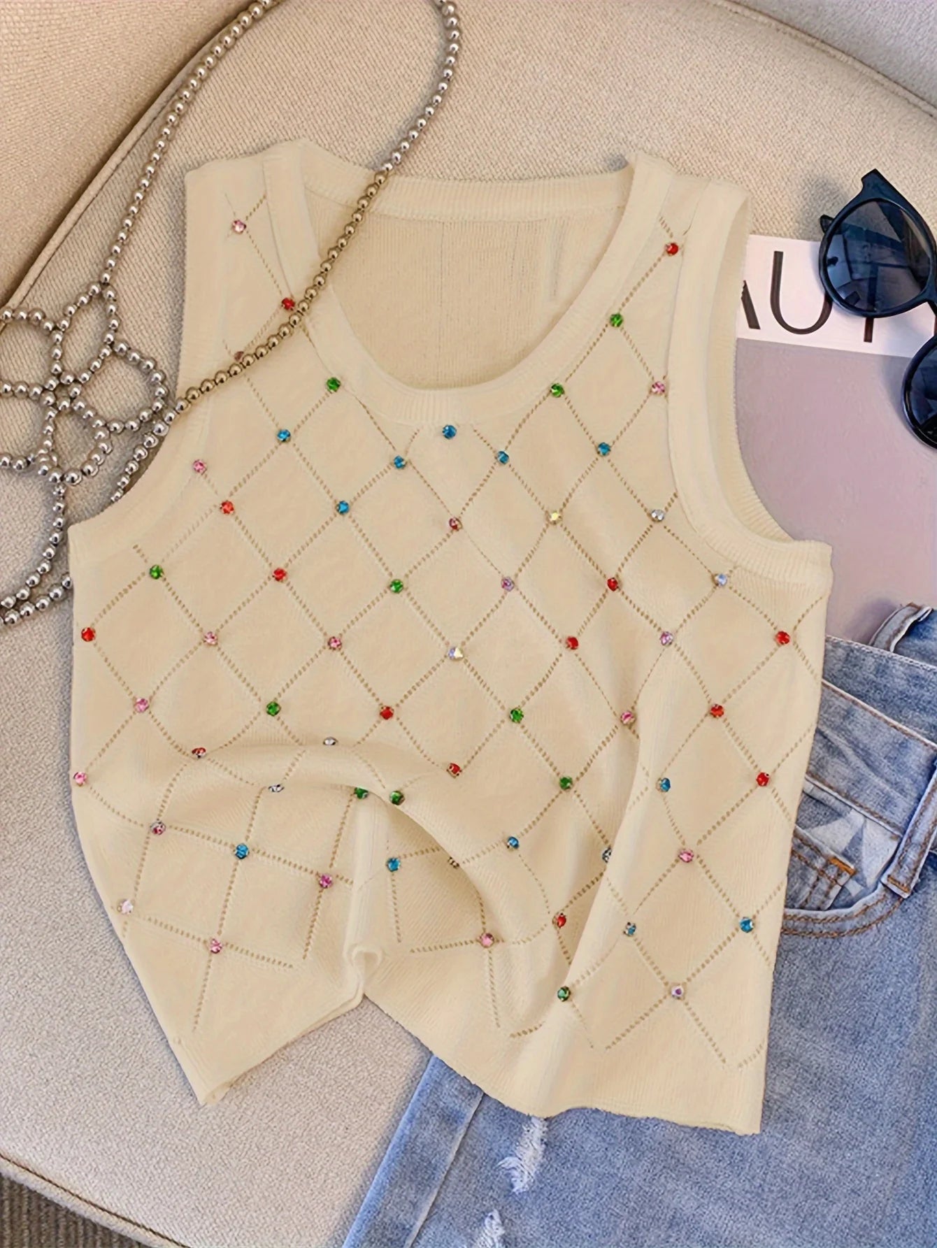 Colorful Rhinestone Knitted Tank Top Casual Crew Neck Sleeveless