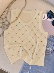 Colorful Rhinestone Knitted Tank Top Casual Crew Neck Sleeveless