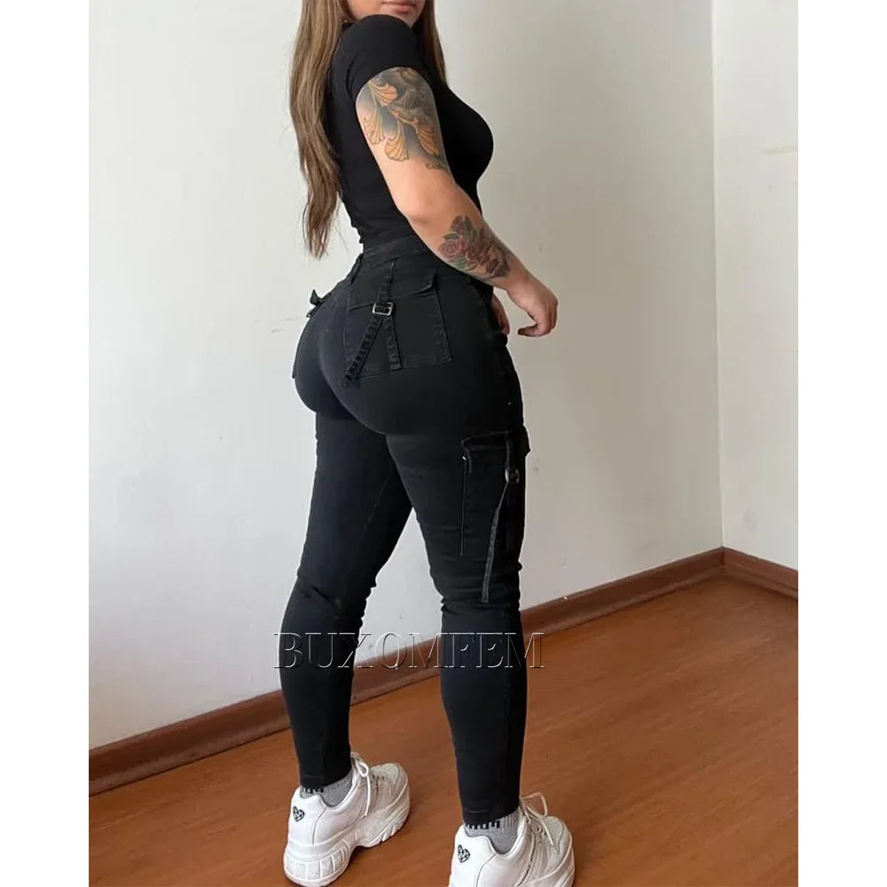 Straight Cargo Jeans Women's Streetwear Stretchy High Waisted New Fashion Jeans Unique Multi-Pocket Female Style Fall Pantalones
