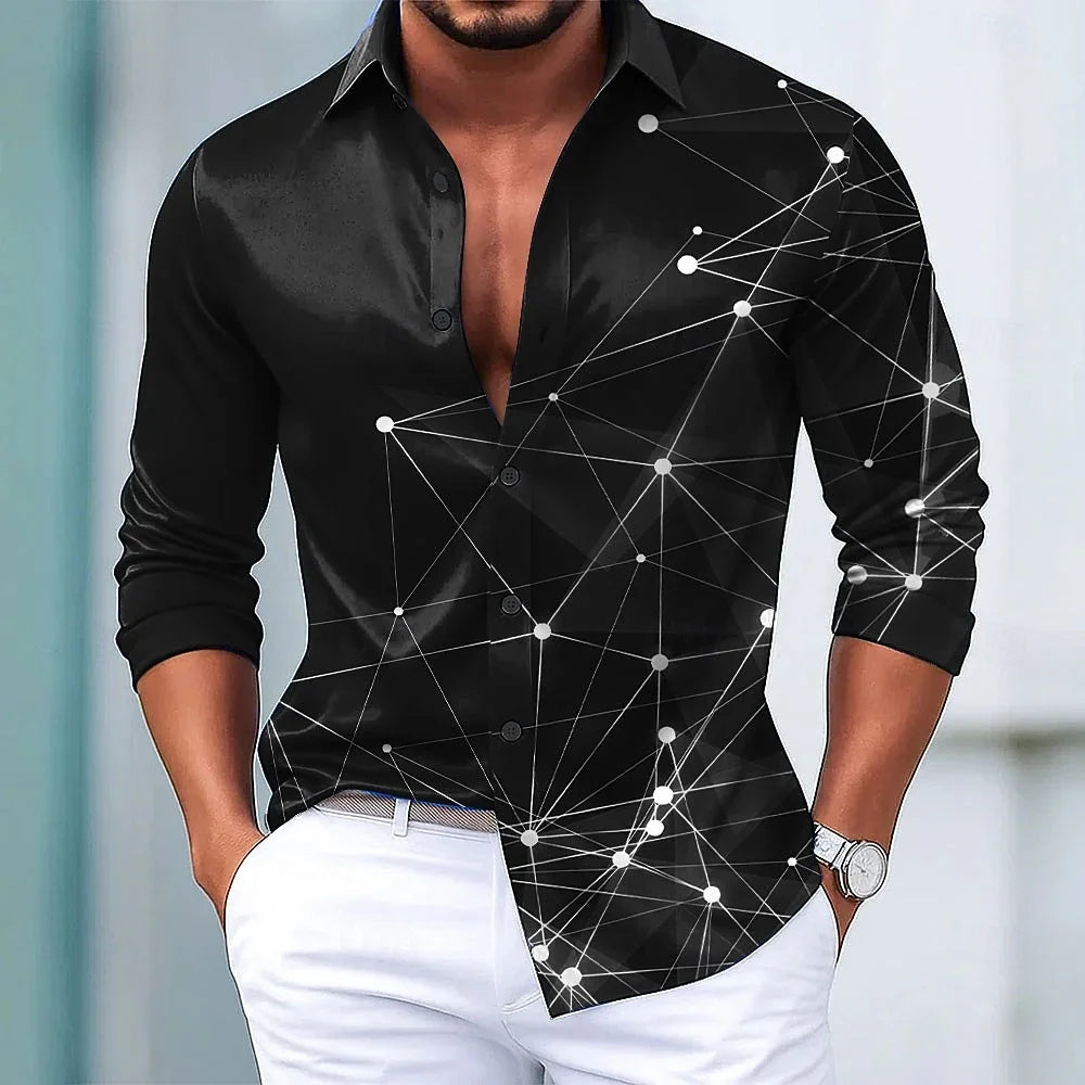 Men's Retro Print Shirt Long Sleeve Lapel Single-Breasted Comfortable Streetwear