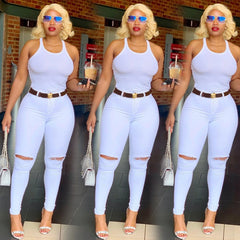 Women's White High Waist Ripped Jeans Fashion Slim Stretch Denim