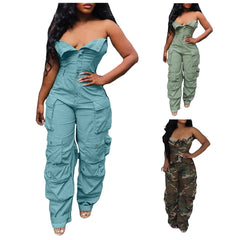 Women's Sexy Off Shoulder Tube Denim Cargo Jumpsuits Wide Leg Baggy Loose Jean Pants Rompers Overalls Control Too Pants
