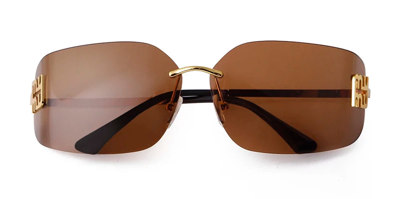 Trend Curved Rimless Film Lens Sunglasses Women Men Brand Design Metal Rivets Gradient Frameless Rectangle Shades Sun Glasses UV