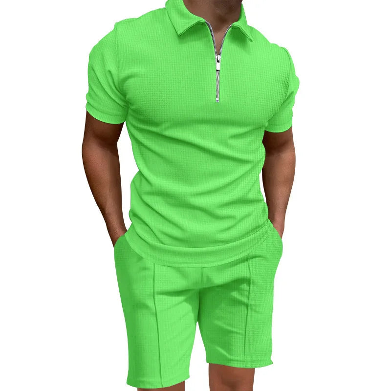 Men's summer suits solid color waffle lapel slim-fit short sleeve t-shirt
