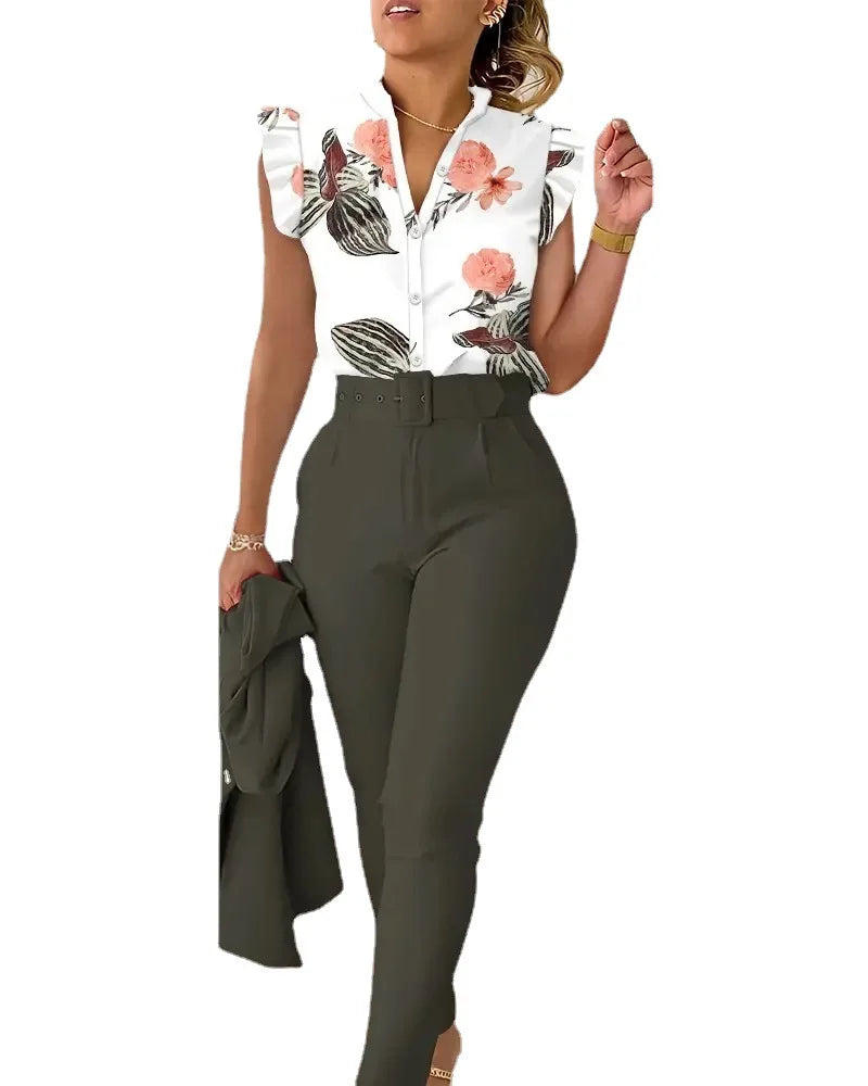 Summer Women's Flower Print Lotus Leaf Sleeve High Waist Pants Set Waist Belt Women's V-Neck Two Piece Set Work Suit Set