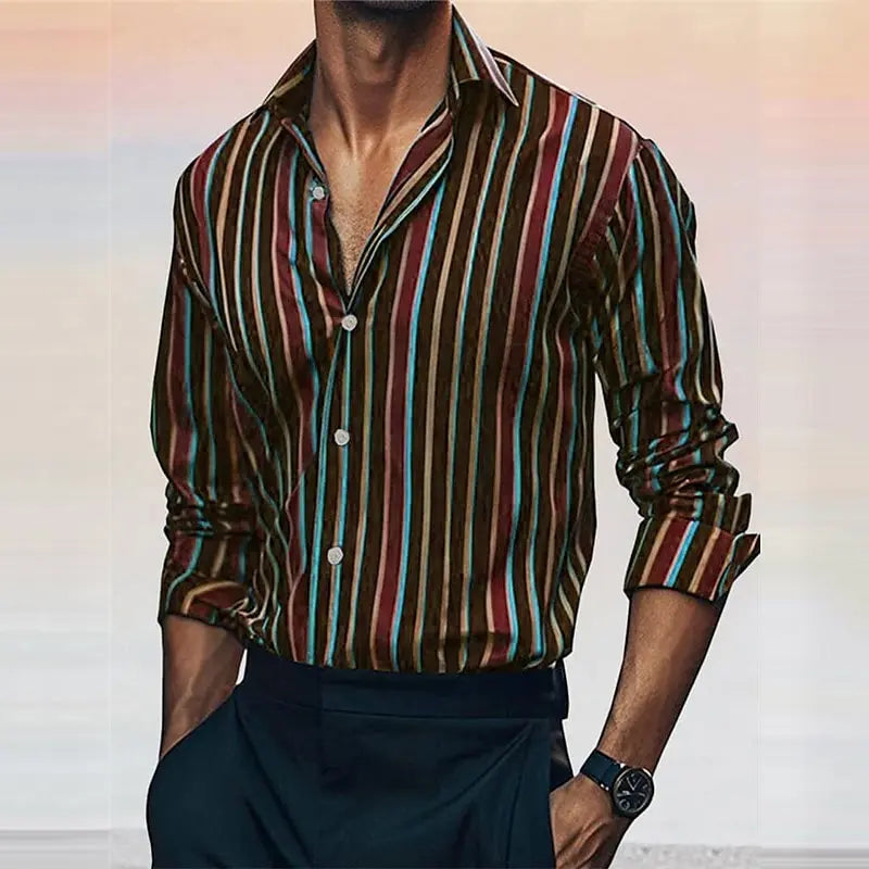 Men's Striped Shirt Fashionable Casual Long Sleeved Lapel Button Soft And Comfortable