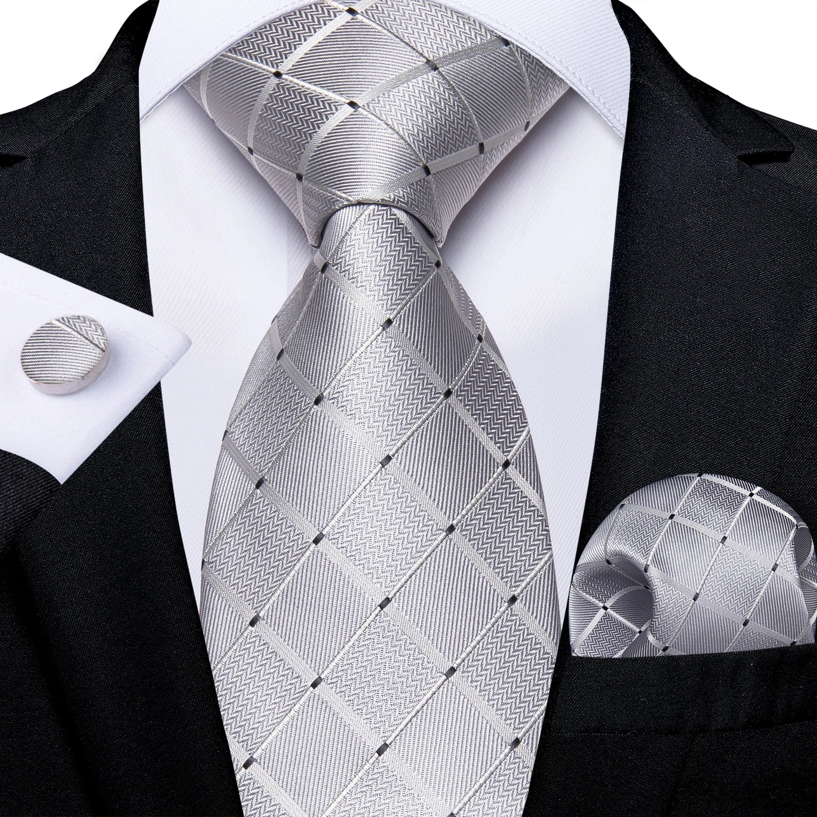 Luxury Blue Plaid Dot Ties For Men Solid Wedding Accessories Neck Tie Handkerchief Cufflinks Set Gravatas Mens Gift DiBanGu