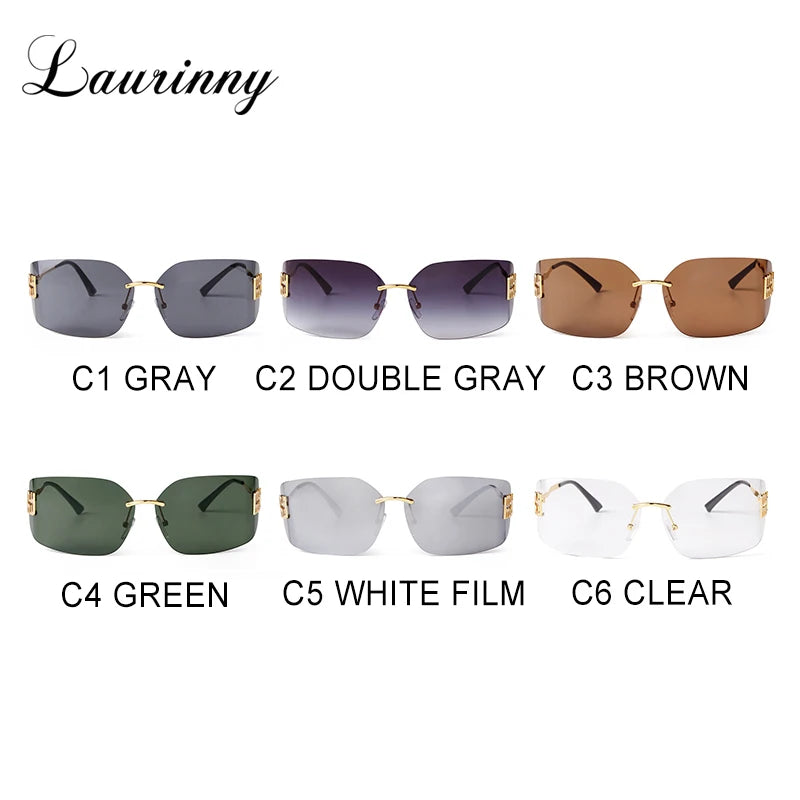 Trend Curved Rimless Film Lens Sunglasses Women Men Brand Design Metal Rivets Gradient Frameless Rectangle Shades Sun Glasses UV