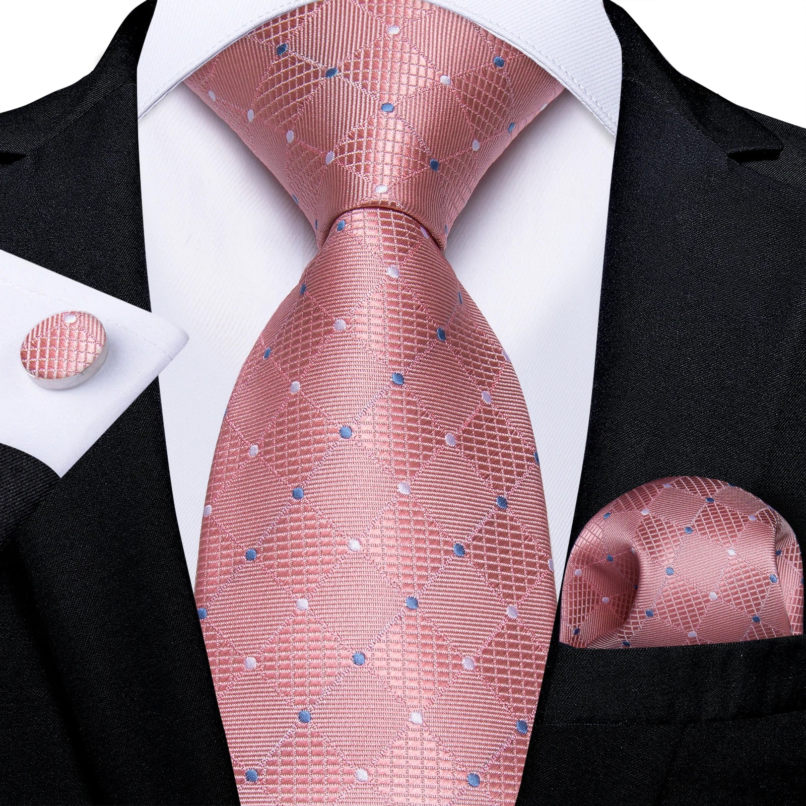 Luxury Blue Plaid Dot Ties For Men Solid Wedding Accessories Neck Tie Handkerchief Cufflinks Set Gravatas Mens Gift DiBanGu