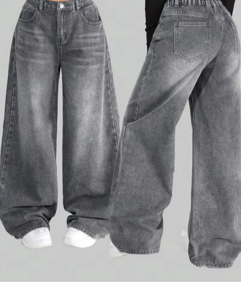 Letters Embroidered Big Pockets Washed Baggy Jeans Women High Street Vintage