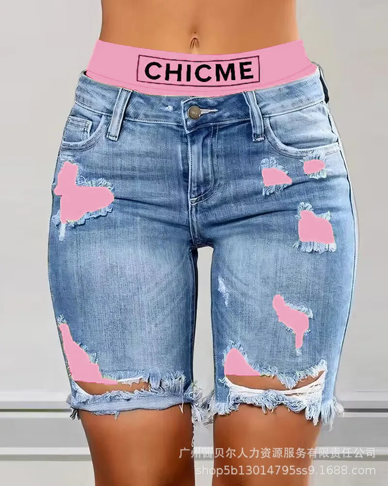 Fake Two-Piece Patchwork Cutout Ripped Jeans Women Ankle Length Fashion Casual High Waist Pencil Pants Denim