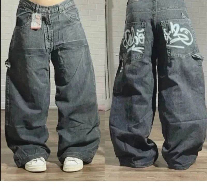 Letters Embroidered Big Pockets Washed Baggy Jeans Women High Street Vintage