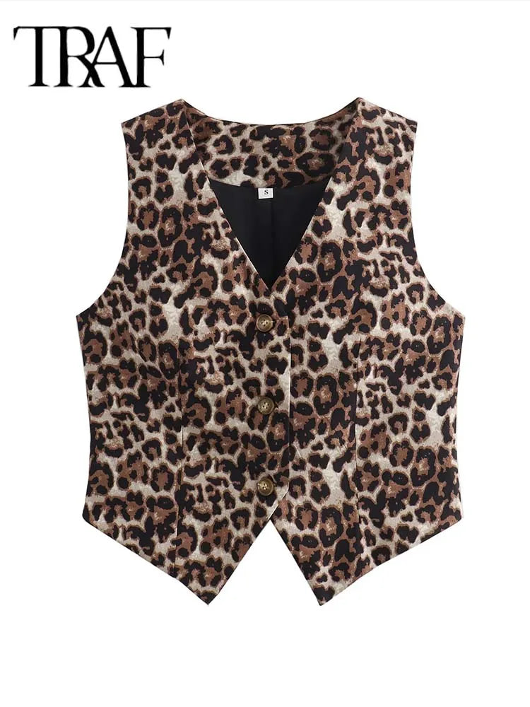 TRAF Women's Vest Fashion Leopard Summer V-Neck Single-breasted Vest Top