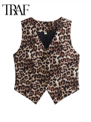 TRAF Women's Vest Fashion Leopard Summer V-Neck Single-breasted Vest Top